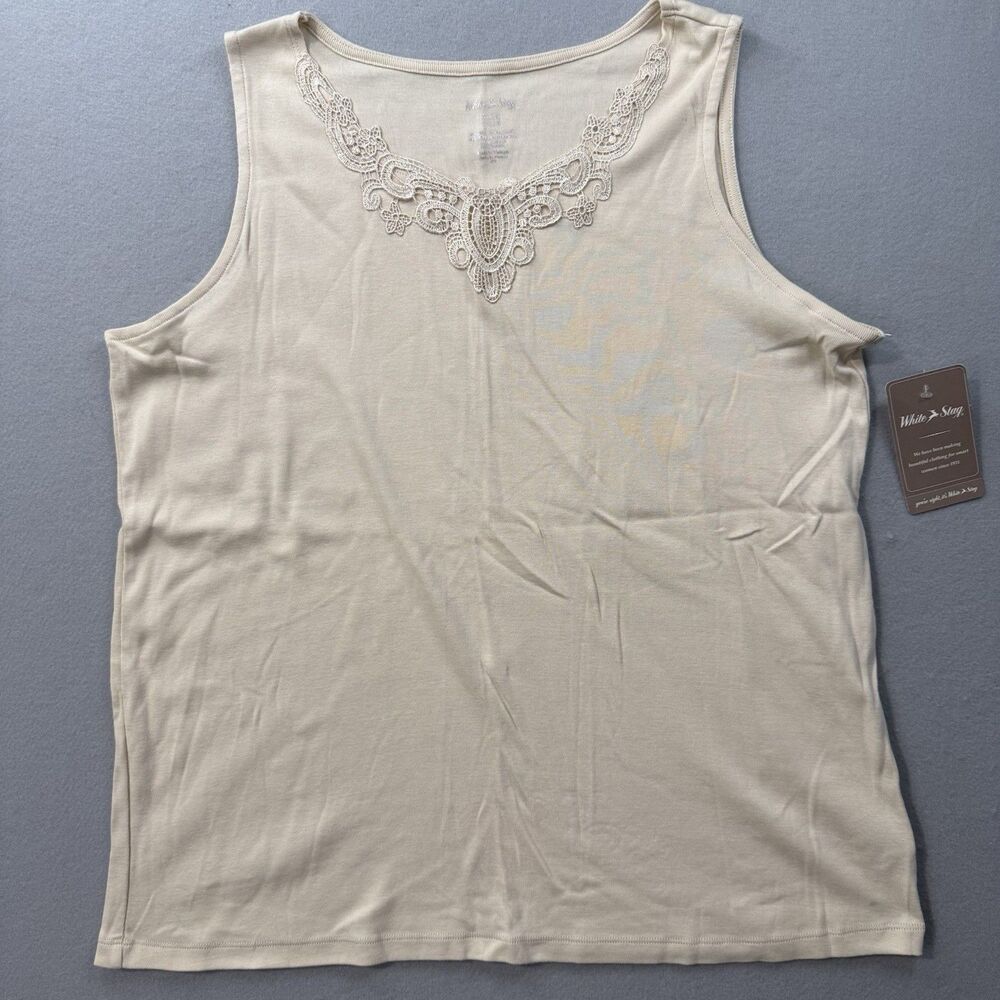 NWT White Stag Tank Top Womens XL 16/18 Beige Cream Cotton Lace Trim V-Neck New